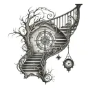 spiral staircase a cracked or broken hourglass a compass hanging on the steps of the staircase and a tree of life tattoo design idea
