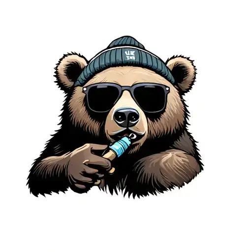 fine line bear injecting steroids with sunglasses and a beanie tattoo design idea
