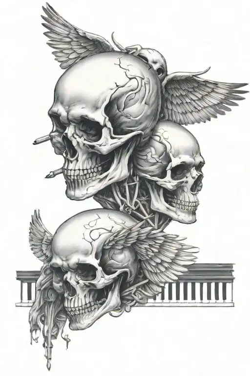 Skull and crossbones on the left, babyface on the right. Piano keys coming out of the mouth Two Valkyrie wings on each s tattoo design idea