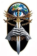 chained Titan Atlas holding the world , ace of swords drawn. pyramid with all seeing eye tattoo design idea