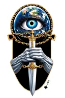 chained Titan Atlas holding the world , ace of swords drawn. pyramid with all seeing eye tattoo design idea