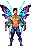 sexy adult gay male faery cartoon bodybuilder, playful, magical, nudism, erotica tattoo design idea