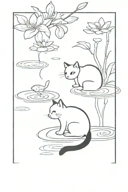 a black and white cat sitting at a pond looking at it. In the pond are koi fishes and lotus flowers tattoo design idea