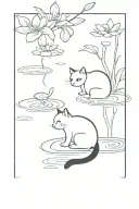 a black and white cat sitting at a pond looking at it. In the pond are koi fishes and lotus flowers tattoo design idea