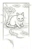 a black and white cat sitting at a pond looking at it. In the pond are koi fishes and lotus flowers tattoo design idea