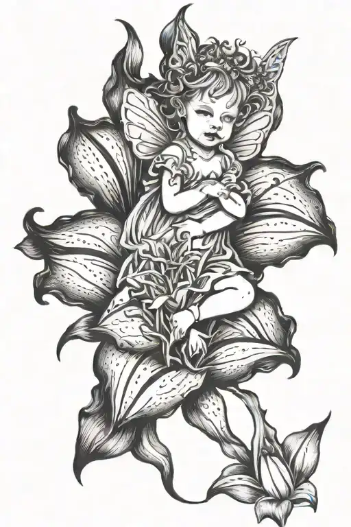 toddler fairy; fully clothed; emerging from a big lily flower; protection; black and white; realism; poetic tattoo design idea