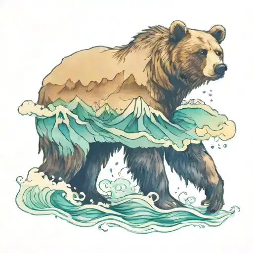 california bear with mountain and ocean waves forming tattoo design idea