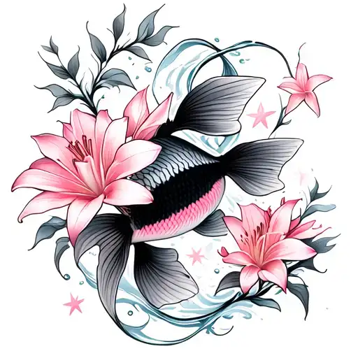 lily flowers and vines stars shining koi fish swimming pink and soft  tattoo design idea