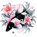 lily flowers and vines stars shining koi fish swimming pink and soft  tattoo design idea