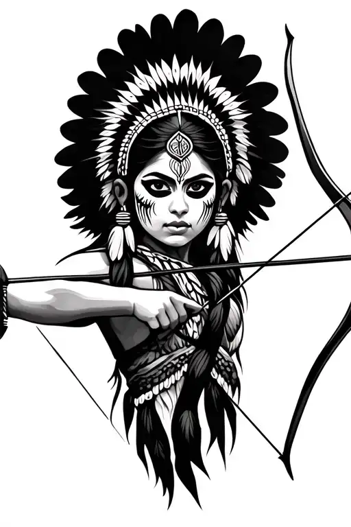 indian girl  wearing a head dress with war paint on her face firing a bow and arrow  tattoo design idea