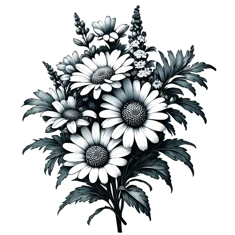 daisy and delphinium flower bouquet tattoo design idea