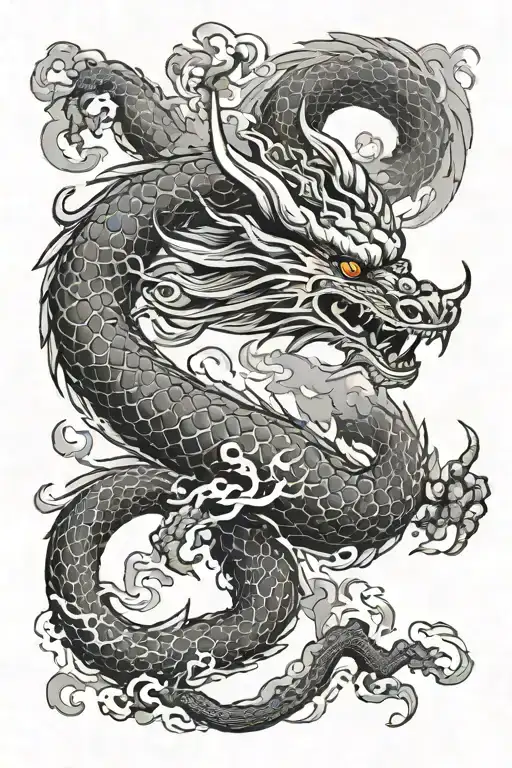 dragon flying, smoke forming the shape, black and white,sharp, tattoo design idea