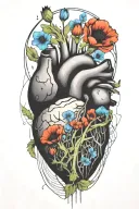 abstract design human heart, poppies, anemones, music, love tattoo design idea