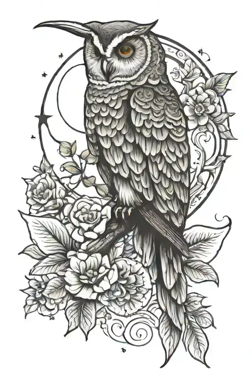 owl, elephant, hummingbird, moon tattoo design idea