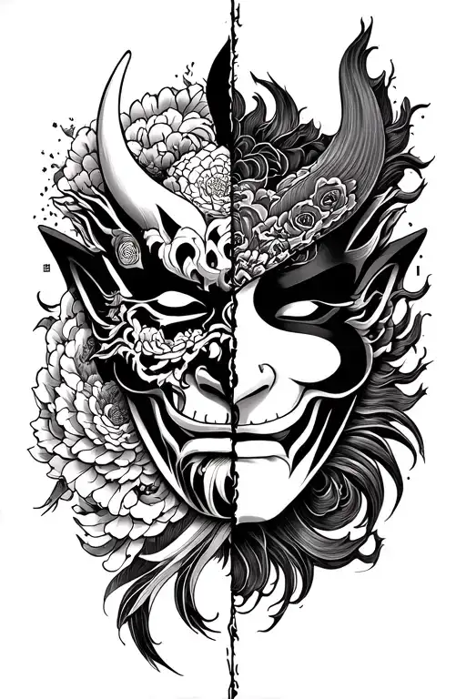 la cartina and oni japanese mask split in half tattoo design idea