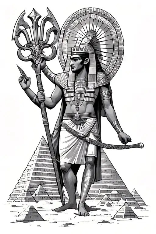 ancient egyptian god osiris holding flail and crook in the underworld by pyramids with pharaoh headpiece  tattoo design idea