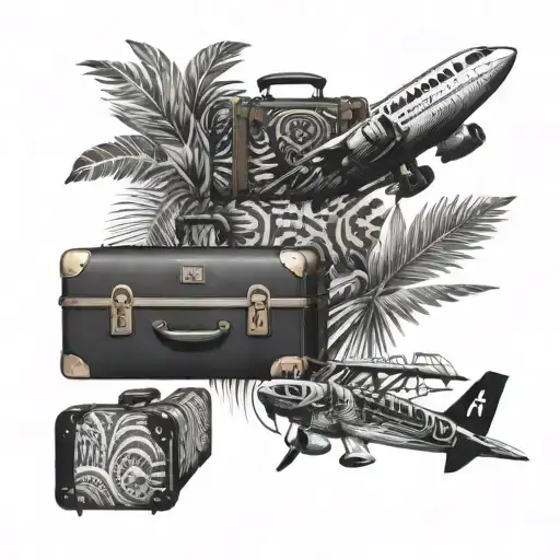 Create a unique fusion of Amerindian patterns with travel elements like suitcases or airplanes, inspired by French Guiana tattoo design idea