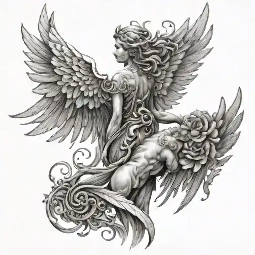 A back tattoo design with angel wings and figures representing good and evil tattoo design idea