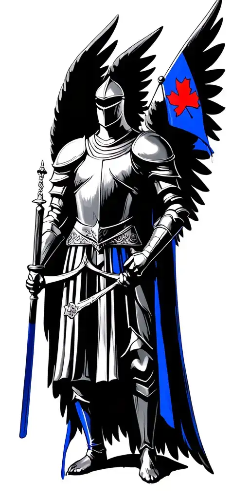 Thin Blue Line Winged Protective Knight with a Quebec Balance and Drapeau/Canadian Card Dame of Pique + King Heart tattoo design idea