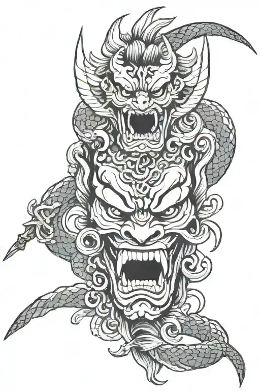 sword oni mask with snake tattoo design idea