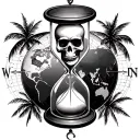 hourglass with skeleton head inside, compass on the background of the world map and palm trees above the compass tattoo design idea