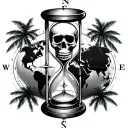 hourglass with skeleton head inside, compass on the background of the world map and palm trees above the compass tattoo design idea