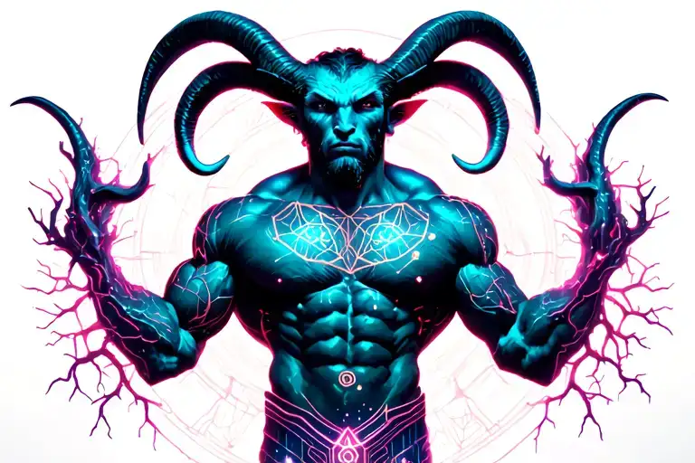 gay male horned lustful satyr with massive bodybuilder muscles. tree roots, constellations, musclepig, BDSM, nipples tattoo design idea