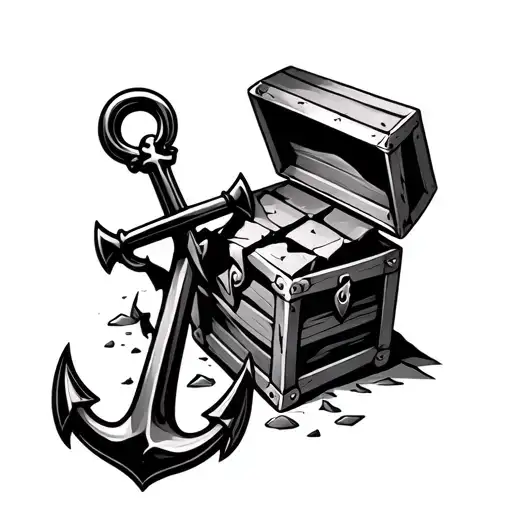 anchor leaning on broken treasure chest  tattoo design idea