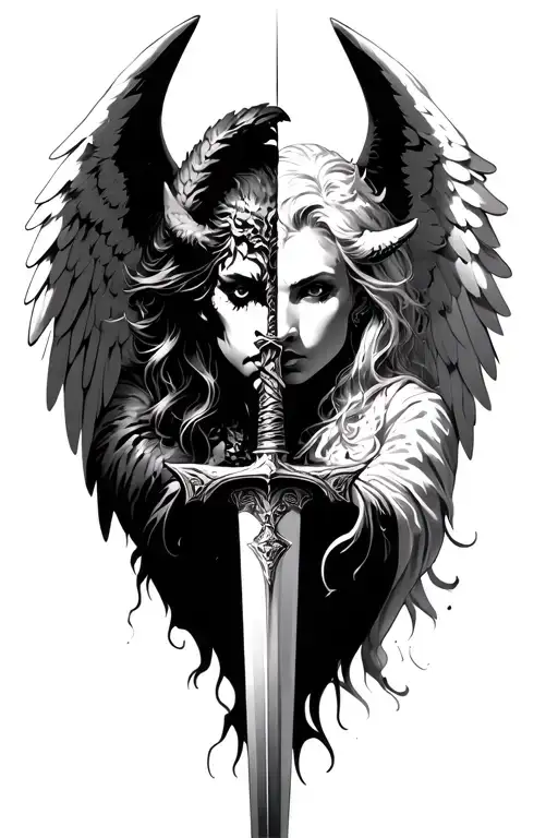 half demon half angel holding a sword angel face and the other is demon face make it looks angel tattoo design idea