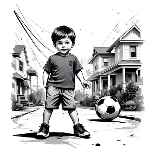Child with a soccer ball in a popular neighborhood tattoo design idea