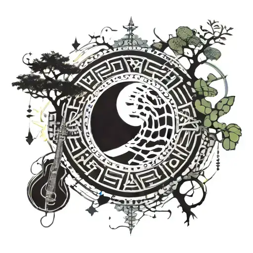 Albanian symbols skenderbeg ilyrial forming a moon shape surrounded by musical instrument cifteli and trees tattoo design idea