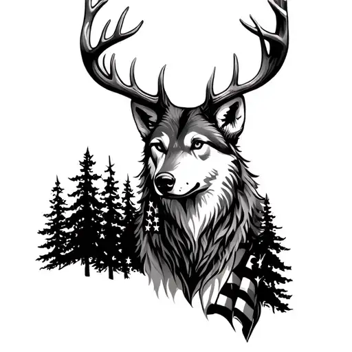 wolf deer head with trees and American flag tattoo design idea