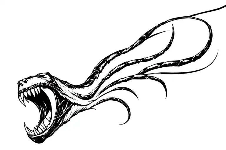 A highly detailed tattoo design of Venom on the forearm, with his mouth wide open, sharp teeth, and a long, twisted form tattoo design idea