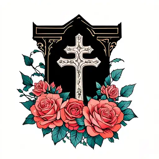 roses and cross on grave tattoo design idea