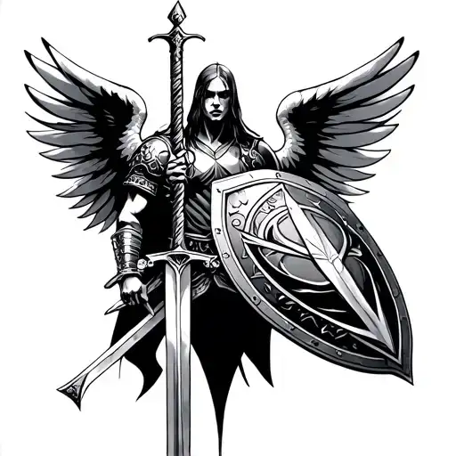 tattoo warrior with wings, sword and shield tattoo design idea
