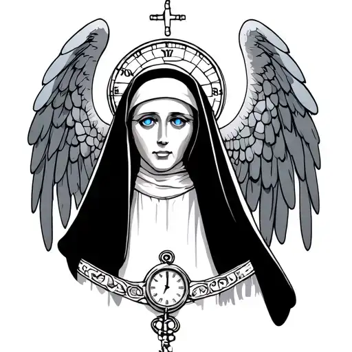 Nun with blue eyes, complicated watch, stained glass, rosary, sunbeam, angel tattoo design idea