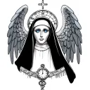 Nun with blue eyes, complicated watch, stained glass, rosary, sunbeam, angel tattoo design idea
