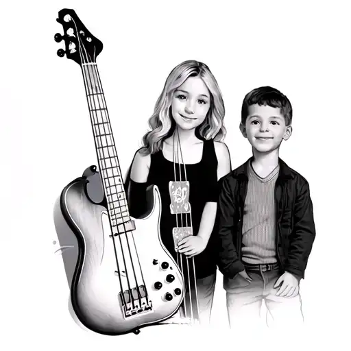 jazz bass guitar family, blonde wife and 9 year old son tattoo design idea