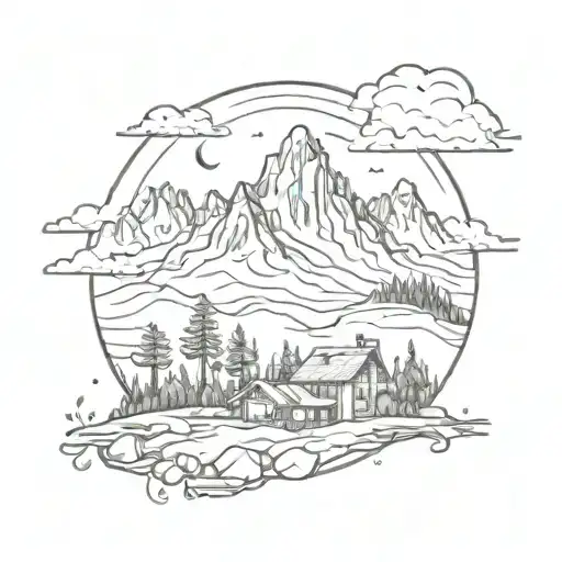 A sketch style tattoo of a mountain landscape with an art gallery hidden in the background, reflecting your love for hiking and art galleries tattoo design idea