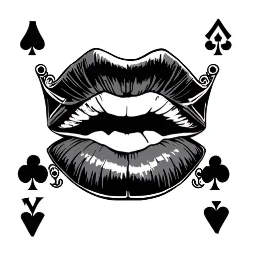 kiss lips with cards king symbol tattoo design idea