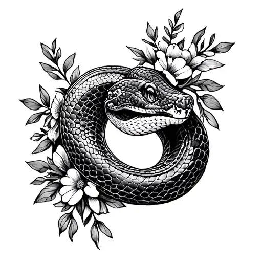 fine line tattoo, snake with floral wreath, botanical, ultra detailed, minimalist, Tritoan Ly style, black ink, white ba tattoo design idea
