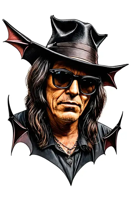Realistic bat wearing ozzy osbourne's hat and glasses tattoo design idea