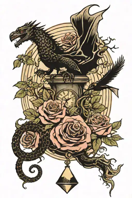 roses, dragon coil, waterfall flowing, pyramid, big tree, crows, moon, yinyang, hourglass, whale, wheel chair tattoo design idea