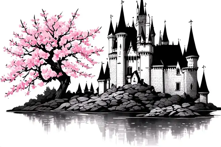 Disney Castle Silhouette and Cherry Blossom tattoo design tattoo design idea