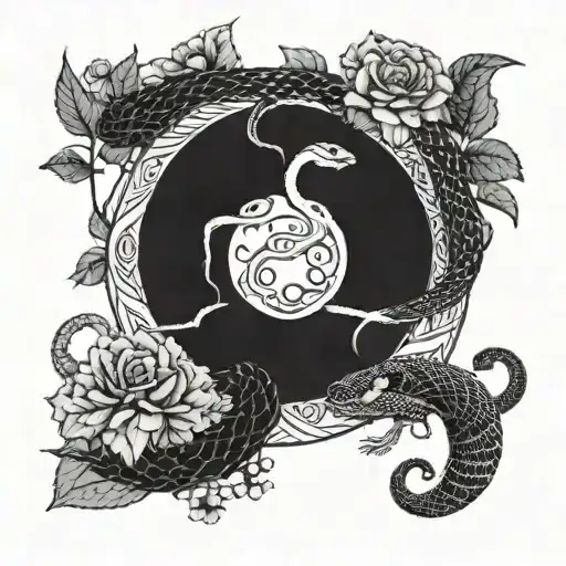 Create me a blackwork tattoo design Two snakes looking at each other and with flowers and one has a moon on its head and dr tattoo design idea