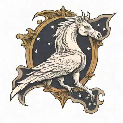 vintage framed cameo portrait of a thestral from harry potter with a black background and white stars tattoo design idea