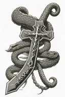 the cross with the dont tread on me snake with wrapping around it with american flag in the background tattoo design idea