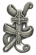the cross with the dont tread on me snake with wrapping around it with american flag in the background tattoo design idea