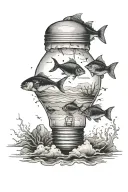a light bulb with an ocean and clouds inside, with 1 black fish and one white fish in the water tattoo design idea