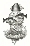 a light bulb with an ocean and clouds inside, with 1 black fish and one white fish in the water tattoo design idea